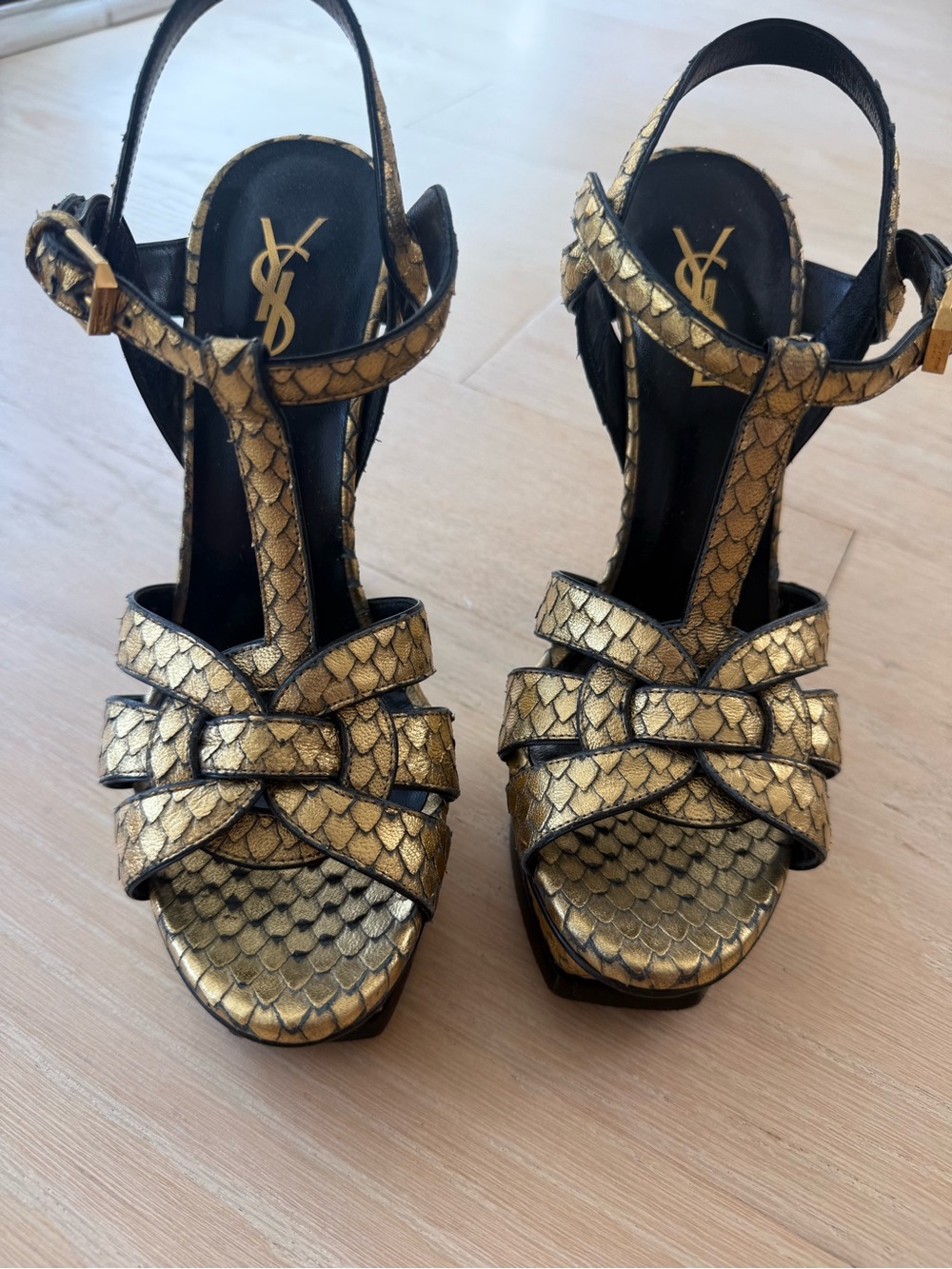 Saint Laurent Metallic Gold Scaled T-Strap Heels